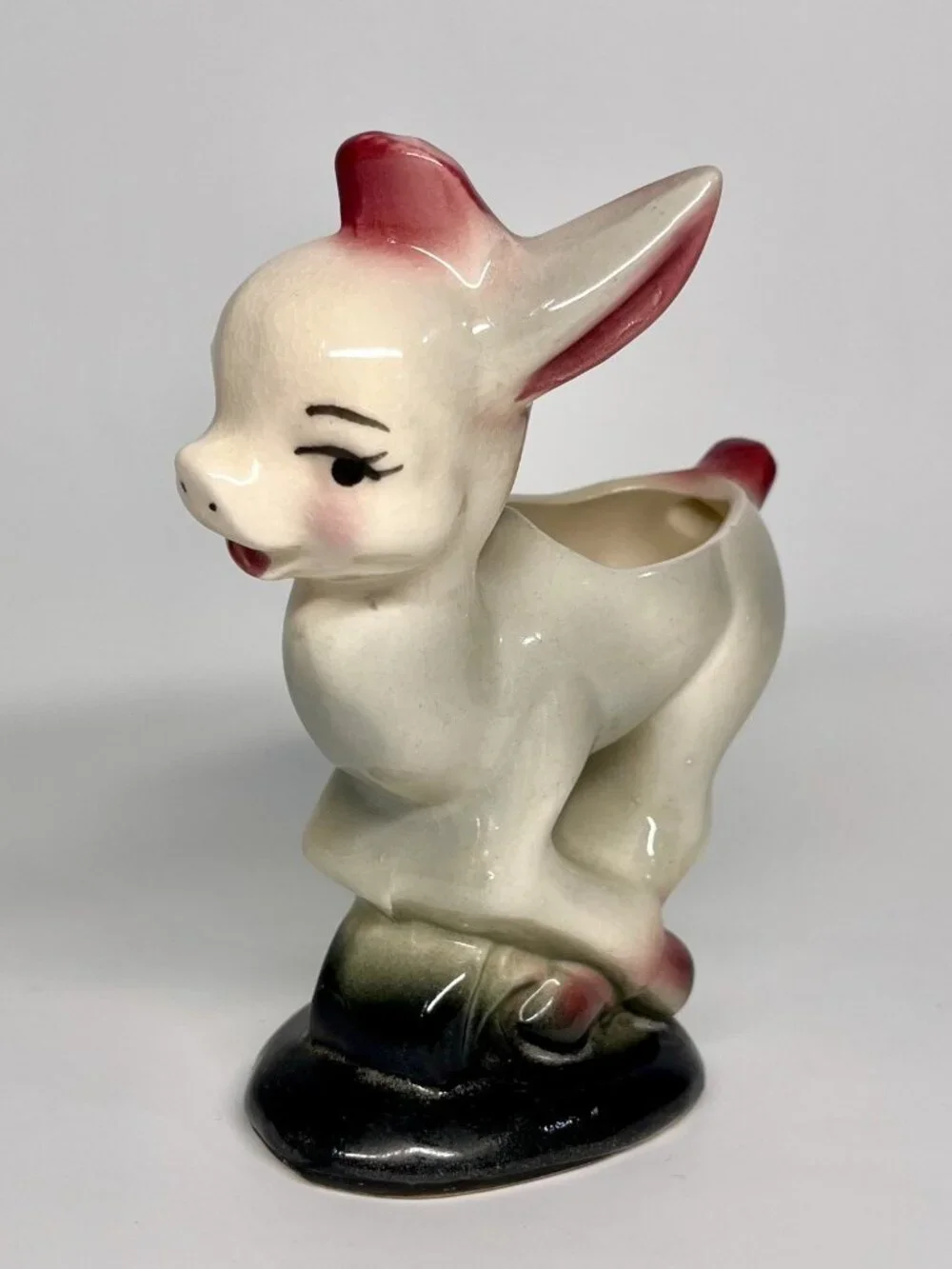 Vintage Kitsch MCM Running Donkey Planter Ceramic Vase Gray Pink 6 x 6 inches